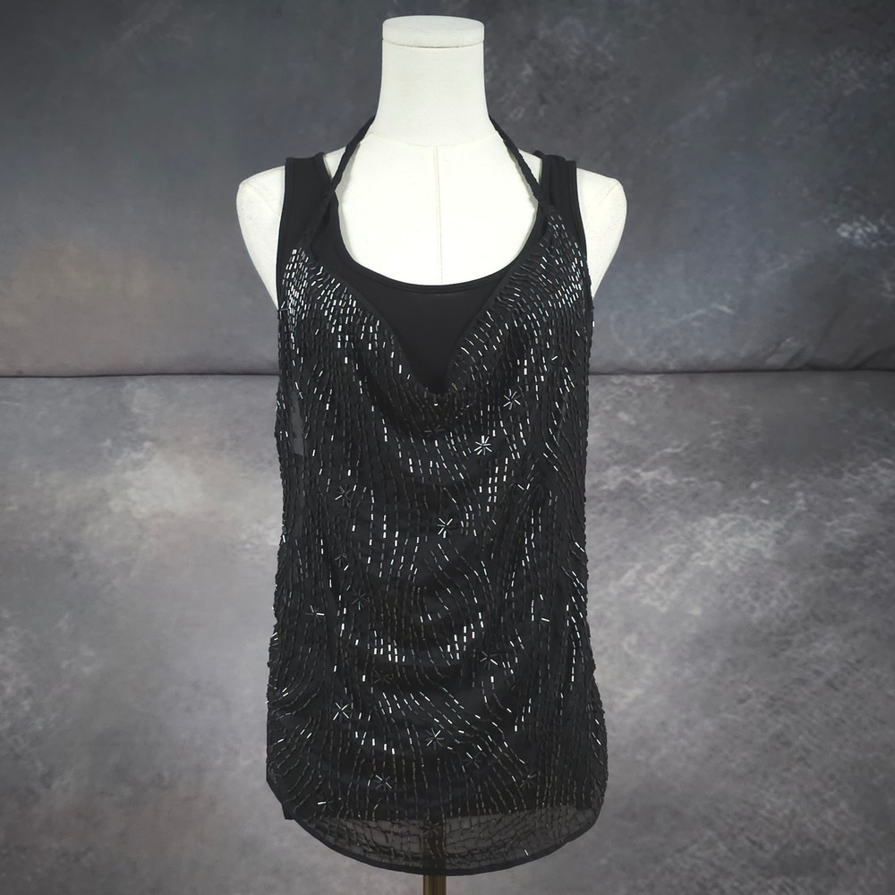 Guess Tank Top Glam Y2K Beaded Cowl Neck Racerback Mesh Overlay Black Medium